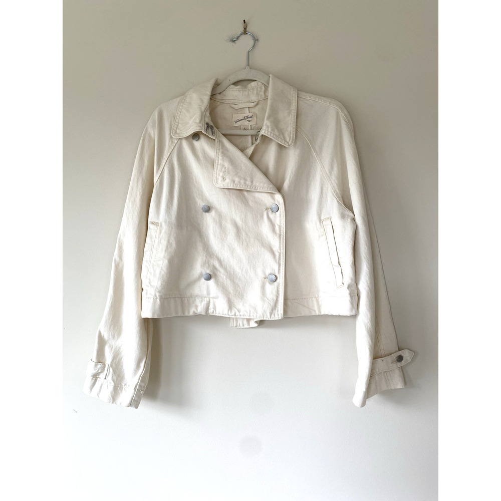 NWT Women's Denim Cropped Trench Jacket - Universal Thread Off-White Cream SZ M